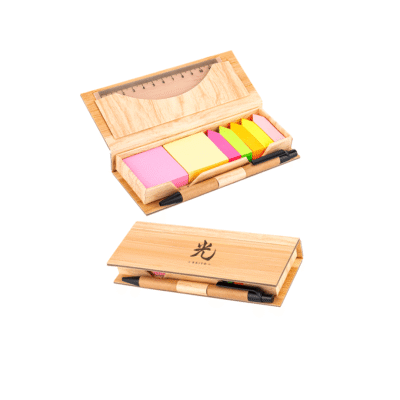 Porta Notas de Bambú con Notas Adhesivas, Regla y Bolígrafo – 16 x 6 cm